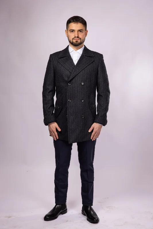 Herringbone Wool Peacoat - Grey Herringbone